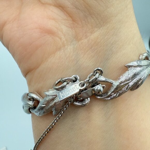 Vintage Monet Brushed Silver Leaf Design Bracelet with Safety Clasp - Picture 15 of 16
